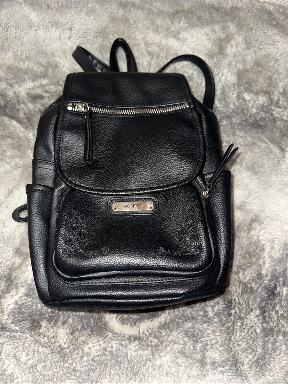 Rosetti Black Textured Leather Mini Backpack with Silver Hardware